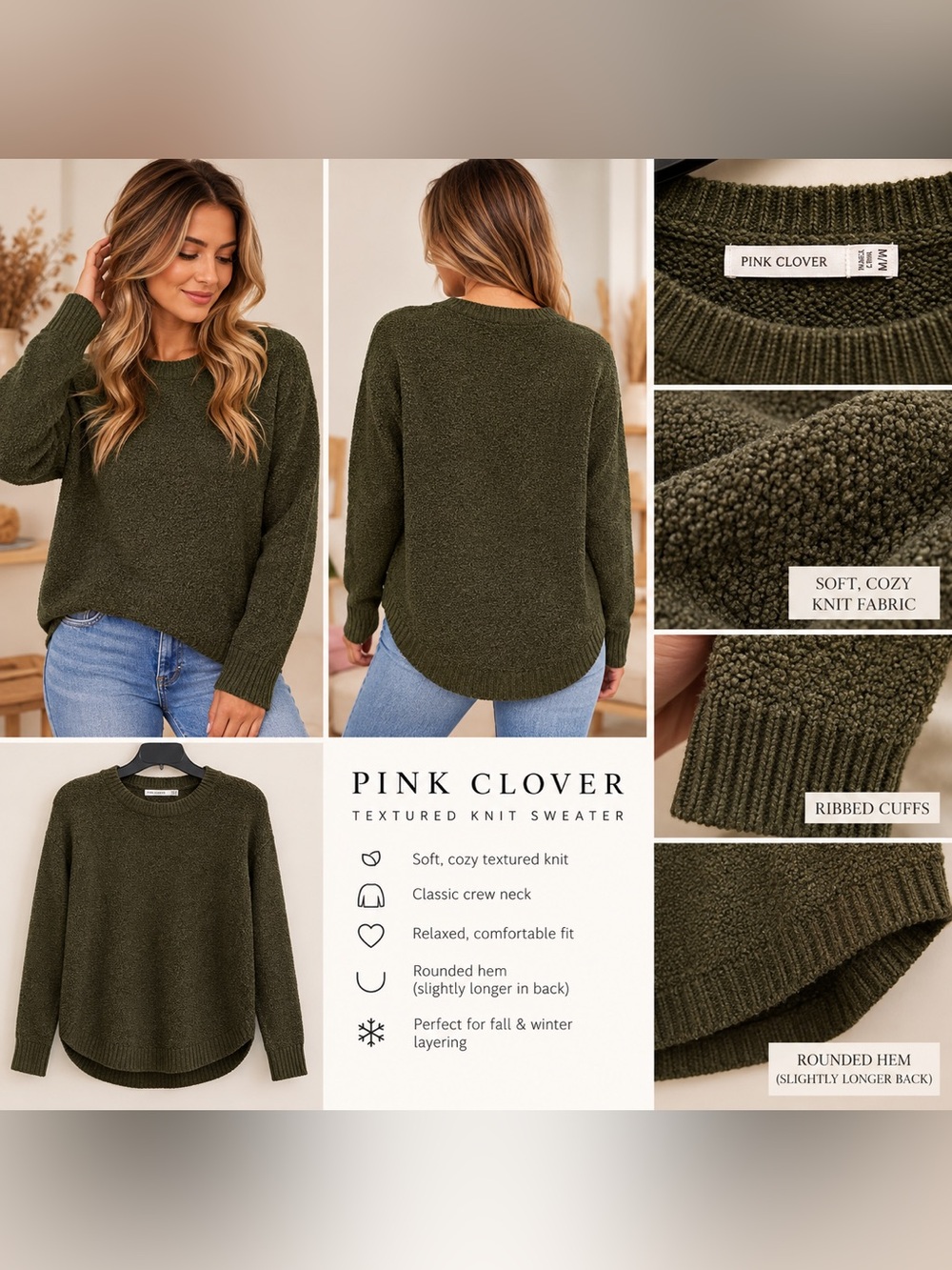 Pink Clover Olive Green Cozy Textured Knit Crewneck Sweater-Size M